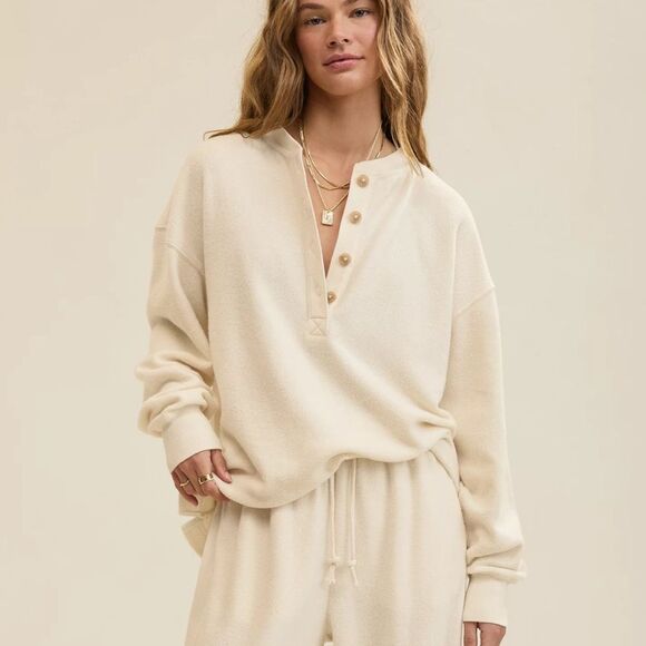 aerie Tops - aerie Neutral Ivory Quarter Button Cotton Sherpa Henley Sweatshirt